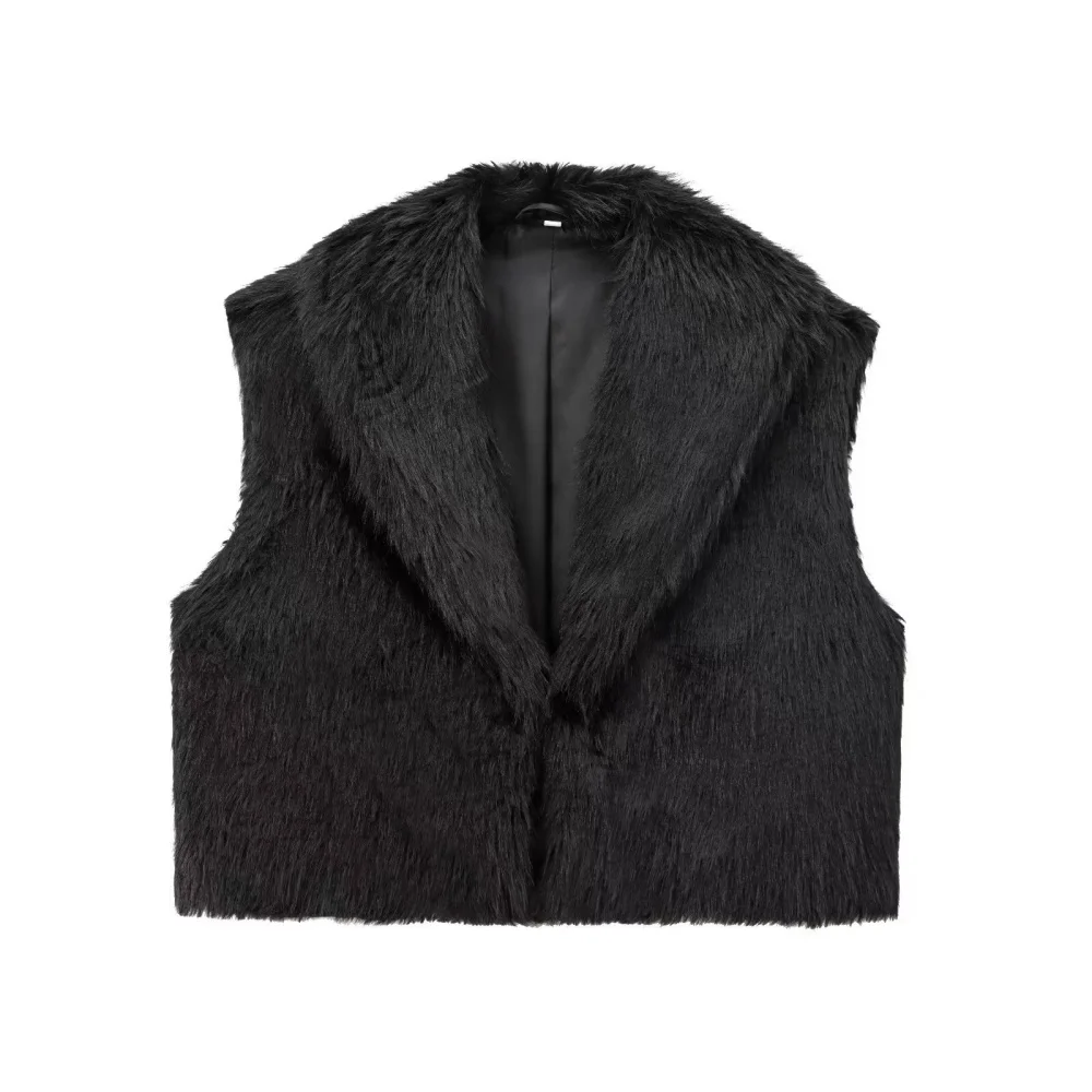 Women's artificial fur effect short vest with simple lapel and sleeveless autumn and winter new fashion short warm jacket vest