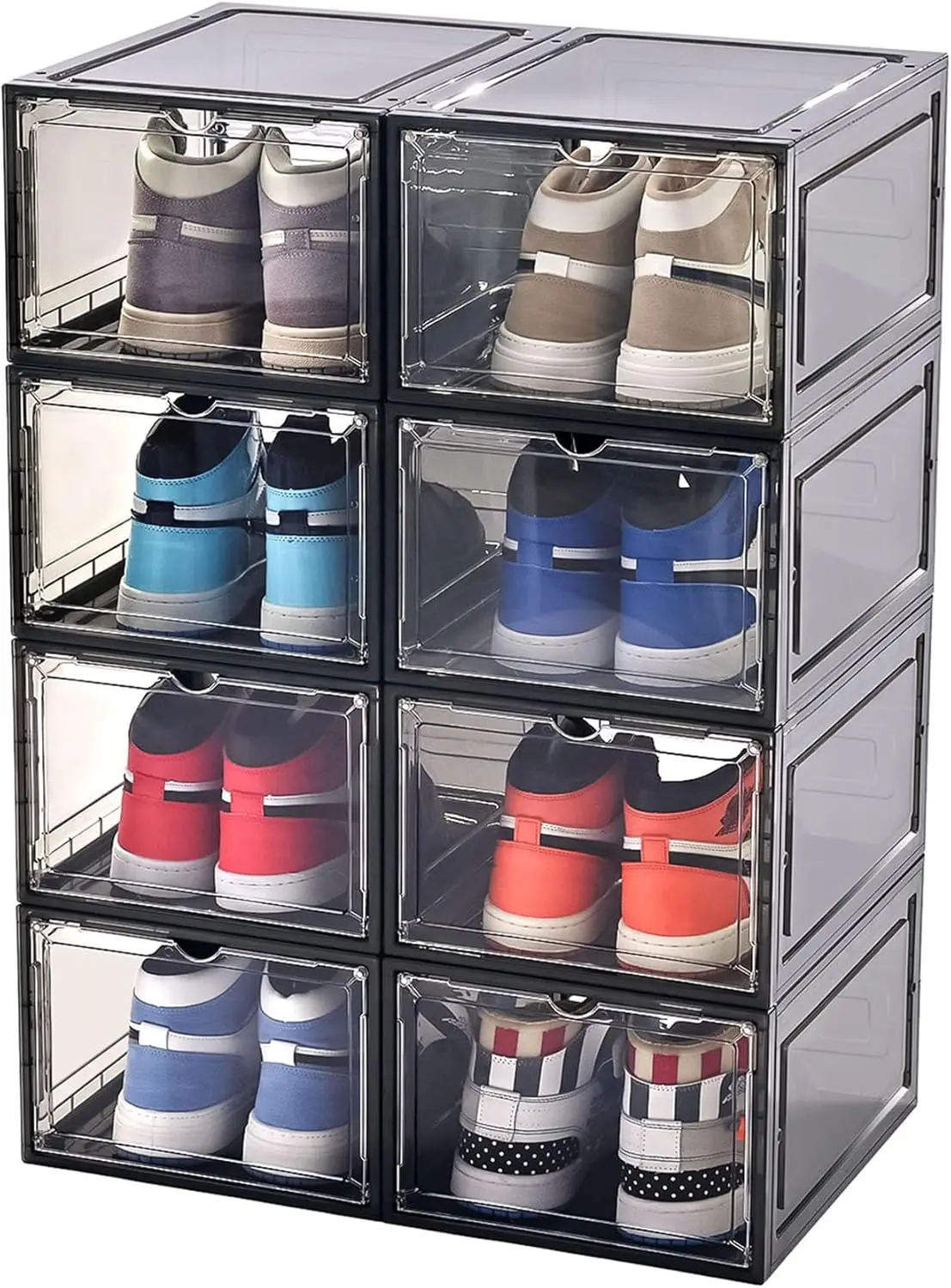 

Clear Plastic Shoe Storage Box, 8-Pack Stackable Organizer for US Size 15 Shoes, Black
