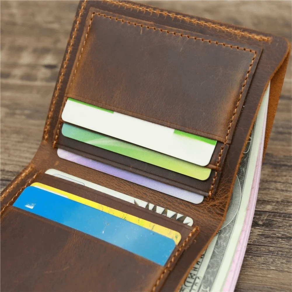 Bifold تصميم الرجال محفظة جلدية حقيقية نمط قصير الرجعية محفظة نسائية للعملات المعدنية خفيفة الوزن الحد الأدنى محفظة الذكور في الهواء الطلق