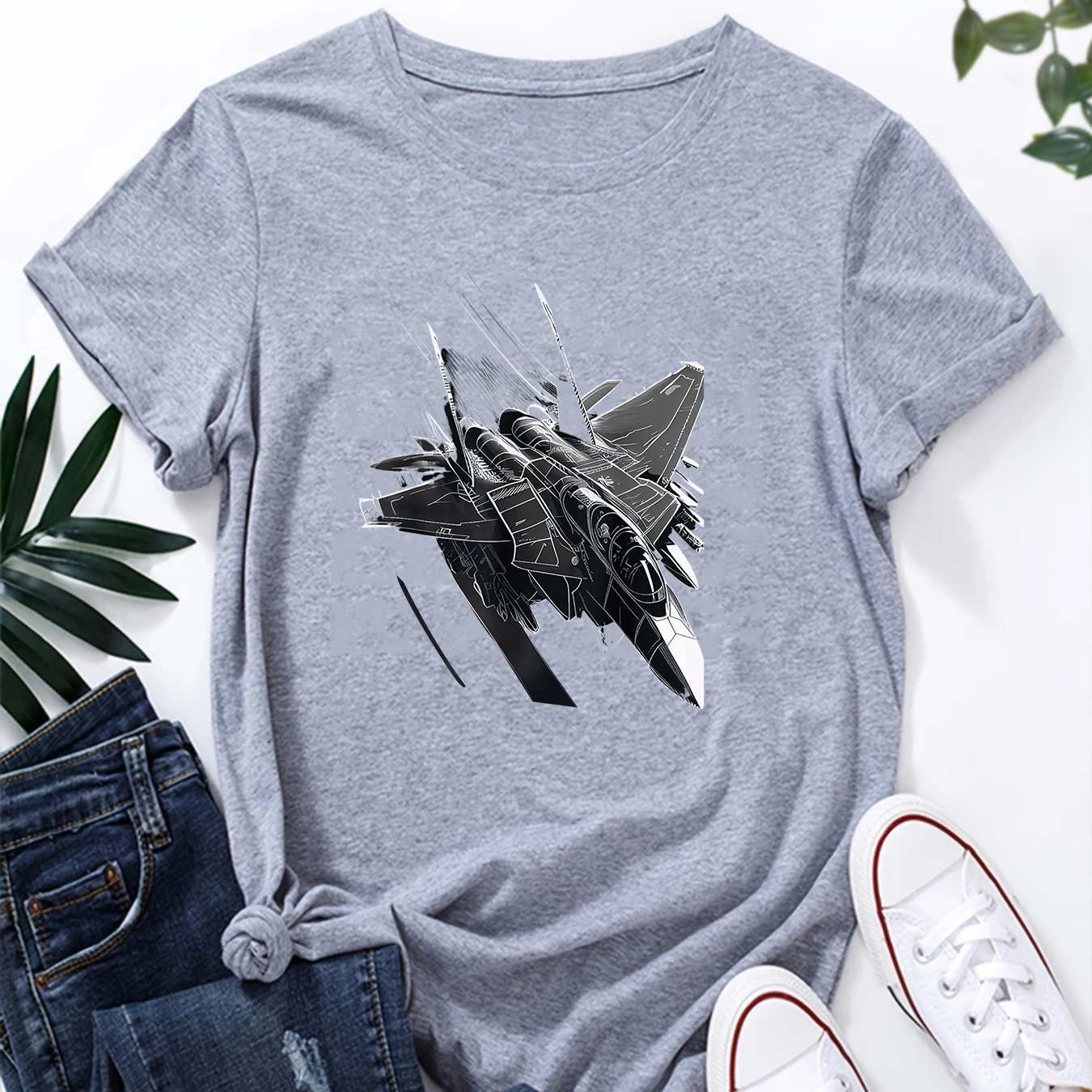 女性用半袖カジュアルTシャツ、女性用Tシャツトップス、ミリタリージェット戦闘機、飛行機プリント楽しい、ファッションパターン