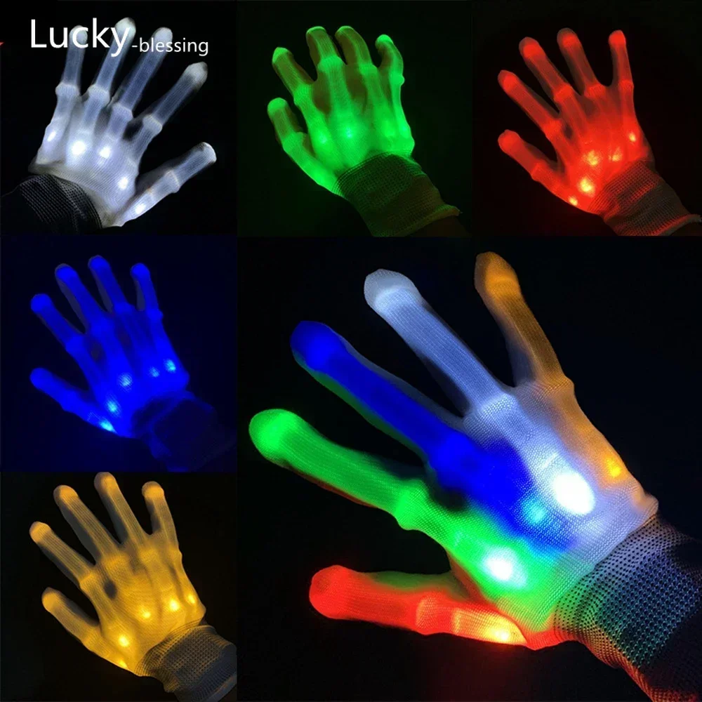 Rainbow Color LED Adult Glowing Stage Gloves Magic Neon Guantes Halloween Party Luminous Costume Light Props Accessory Dancewear