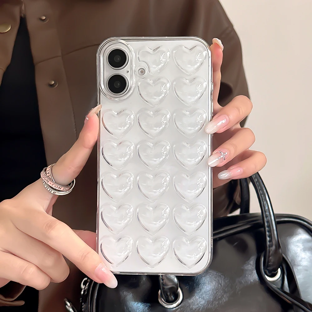 Cute 3D Love Heart Phone Case For iPhone 16 15 14 13 12 11 Pro XS Max XR X 8P Transparent Soft Silicone Shockproof Cover