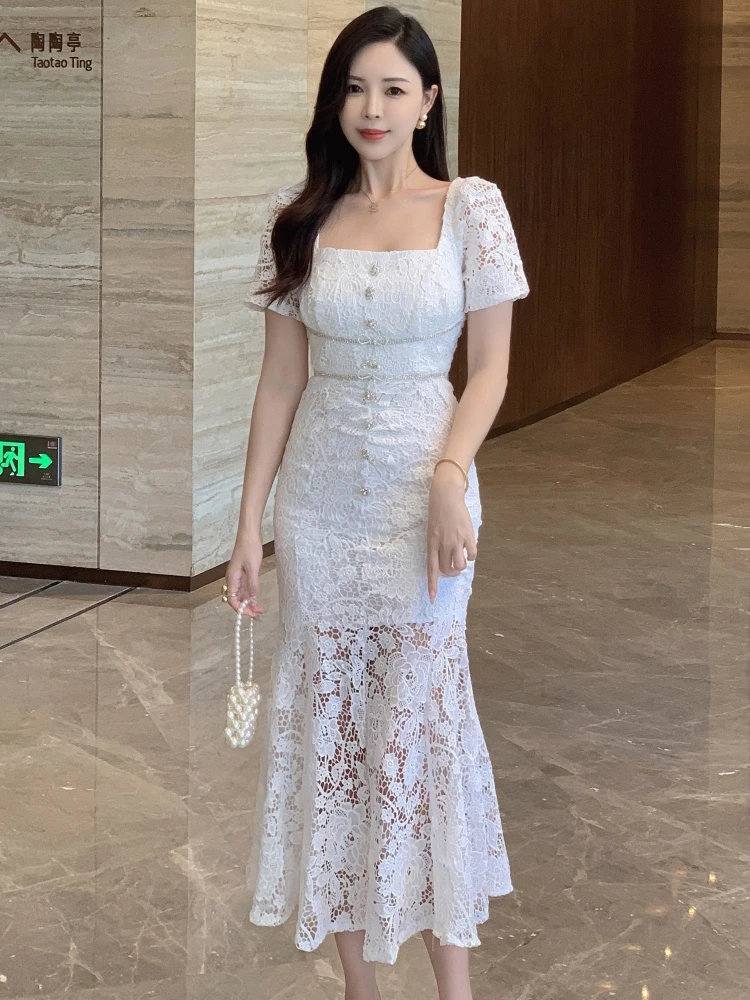 

Runway Summer Holiday Embroidery Lace Midi Wedding Prom Dress Women Short Sleeve Party Diamonds Chain Bow Mermaid Vestidos