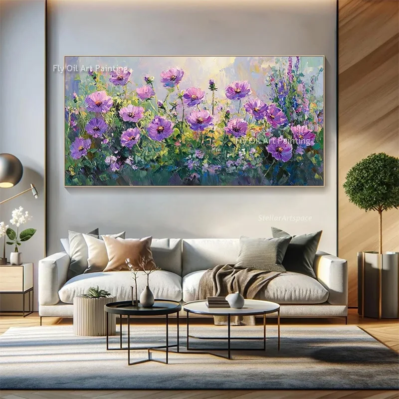 Purple Blooming Florals Field View Canvas Artwork For Living Room Decor Hand Drawn Yellow Purple Flower Vase Oil Painting