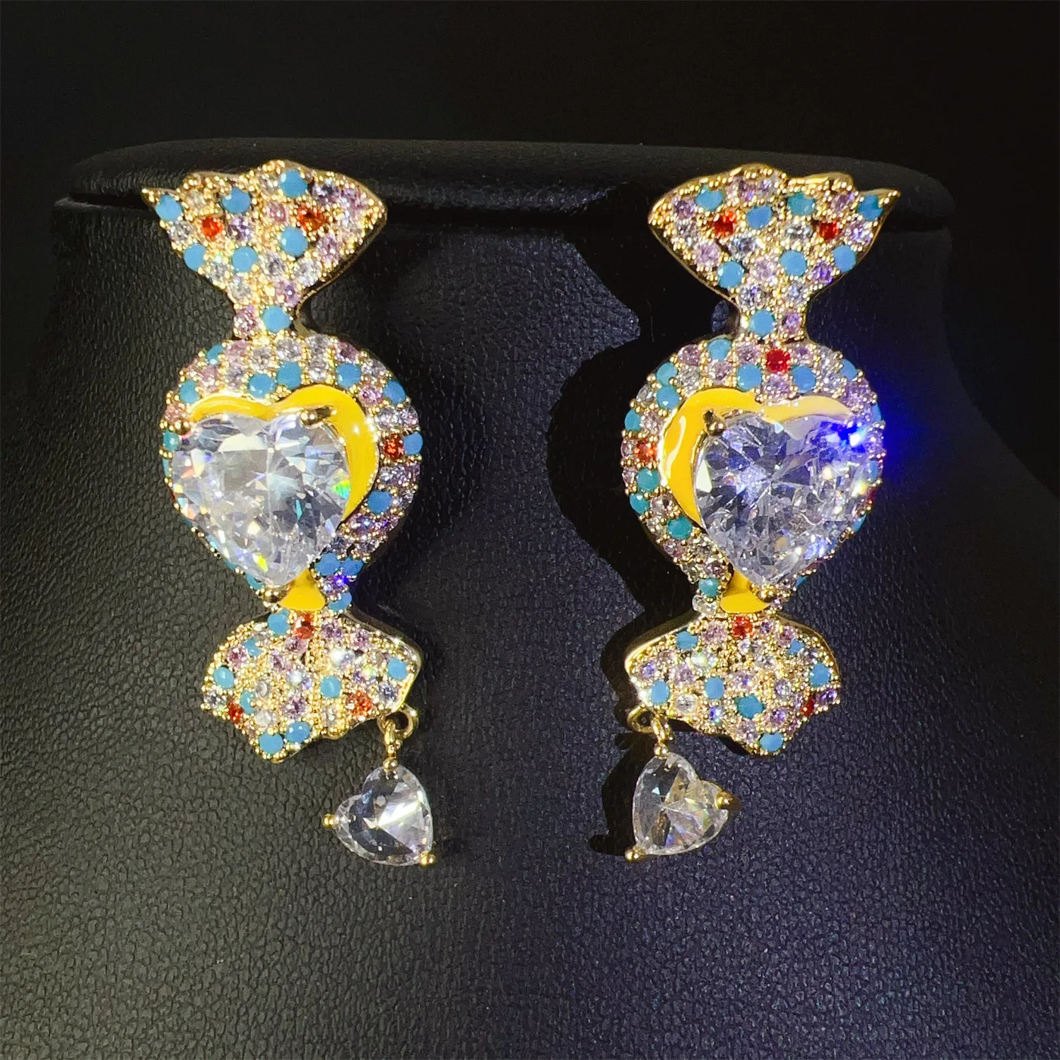 Colorful Full Diamond Heart Zircon Long Drop Earrings 925 Sterling Silver Post Light Luxury Temperament Fashion Earring for Wome