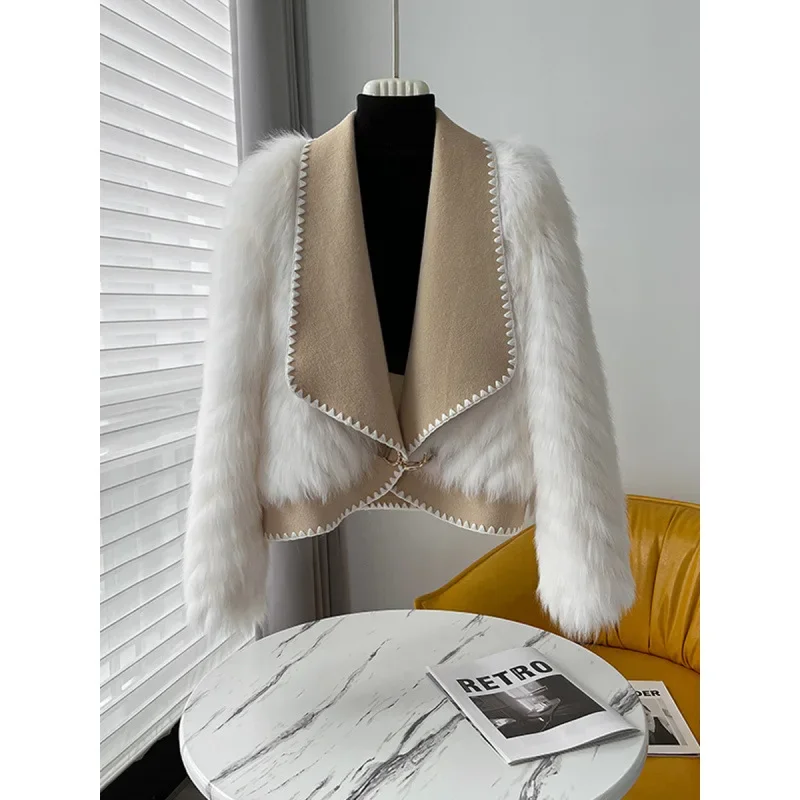 Abrigo Reversible de piel sintética y lana con cuello de piel de zorro, chaqueta de moda para otoño e invierno, estética de felpa flocada elegante para mujer