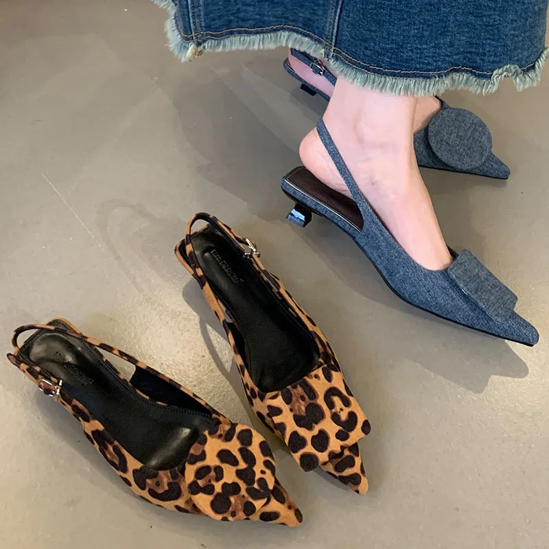 Fashion Shallow Women Low Heel Pumps Shoes Leopard Print Footwear Female Pointed Toe Ladies Heeled Sandals Shoes New In 2024