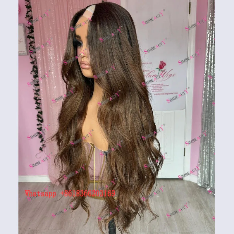 Long 28Inch Slightly Wavy Golden Dark Brown Adjustable Full Machine Made V Part Wigs for Black Women Easy Install U Part Wigs