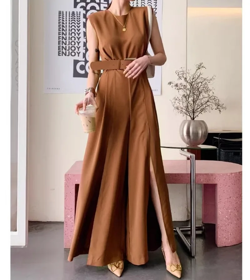 Chic Khaki Split Jumpsuits for Women with Sashes Korean Elegant Sleeveless Womens Clothing Streetwear Business Bodycon