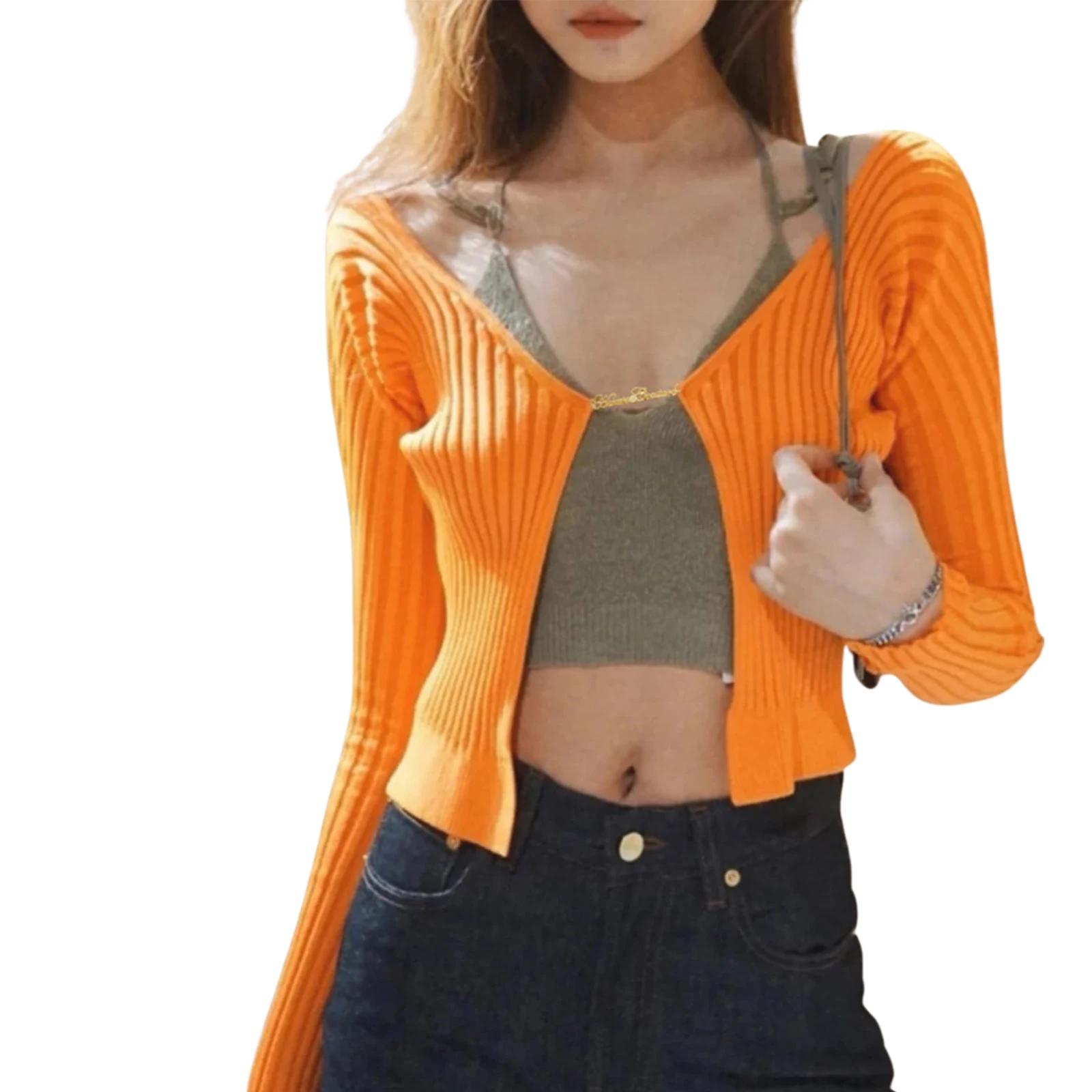 New Women Crop Tops Long Sleeve Ribbed Surface Sweater Solid Color Chain Connected Cardigan Knitwear Green Black Brown S M L