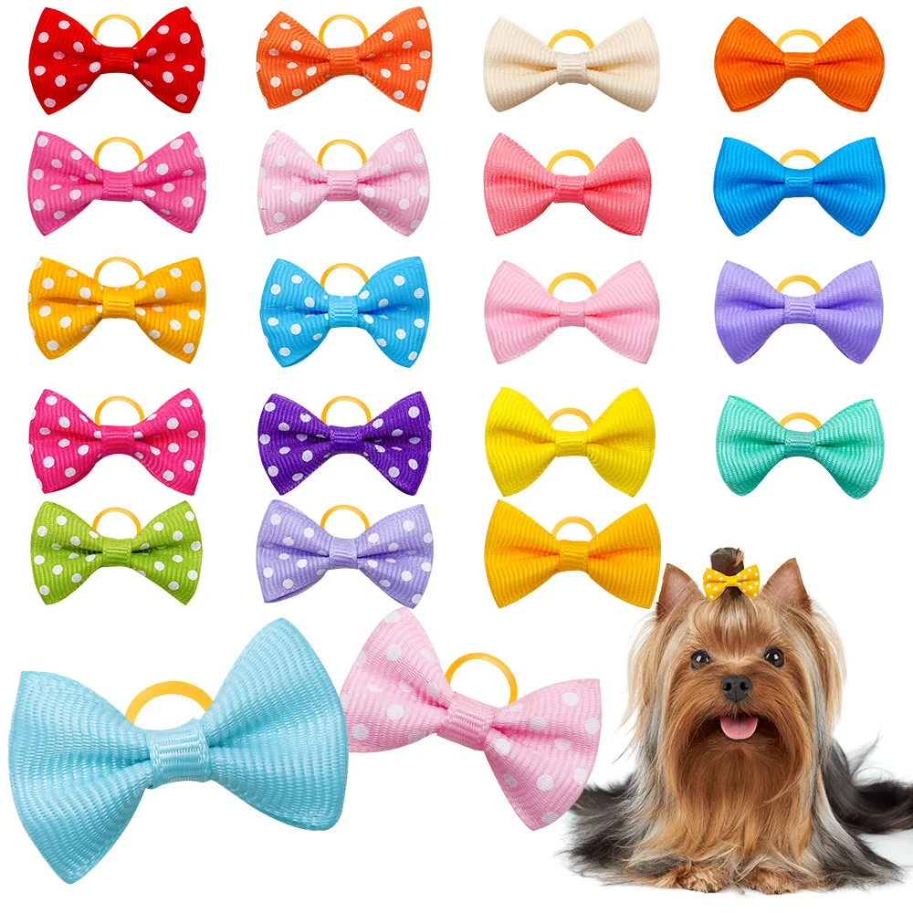 10PCS Bulk Pet Hair Accessories Solid Color Polka Dot Bow With Rubber Band Cute Dog Bow Pet Grooming Products Supply