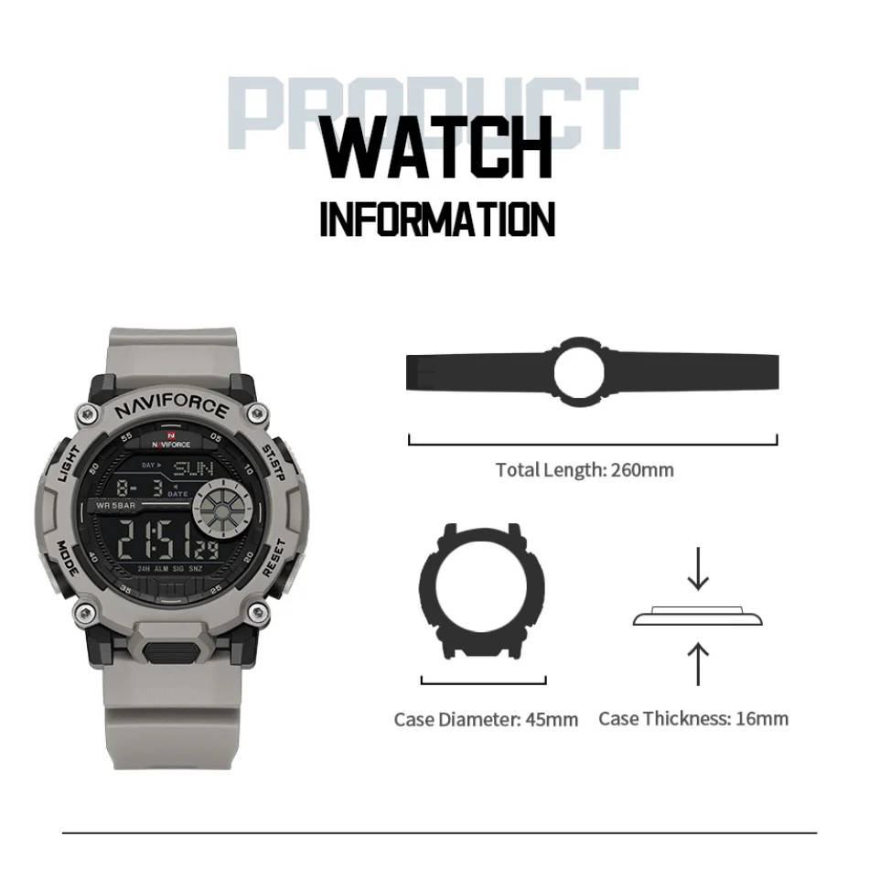 

Новые мужские водонепроницаемые спортивные повседневные наручные часы NAVIFORCE 5ATM с ЖК-дисплеем и ремешком из ТПУ, противоударный ночник, круглый корпус, подарки