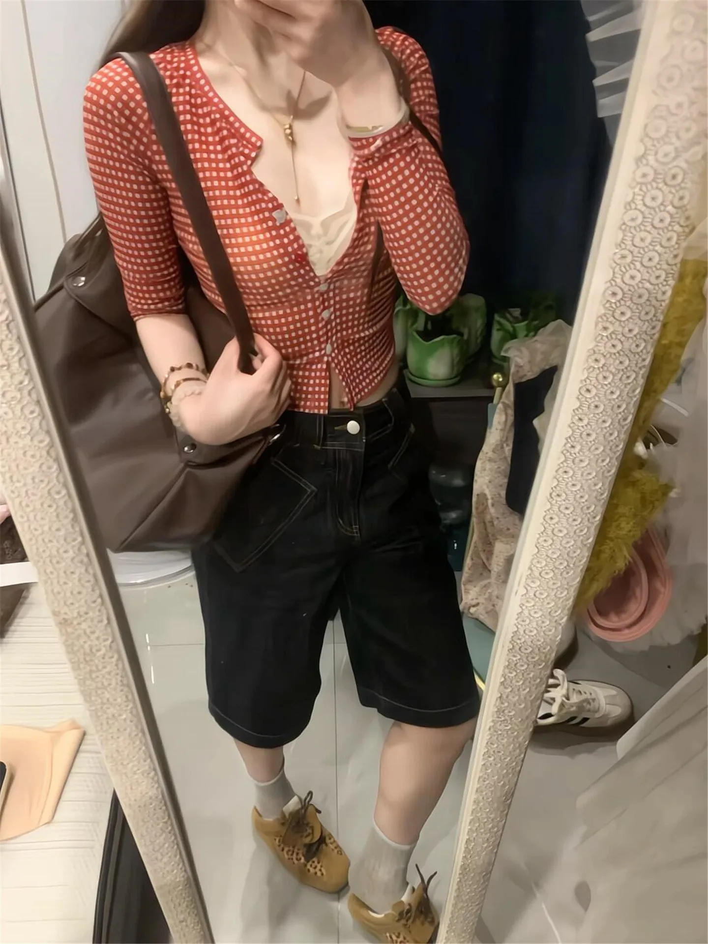 

American Style Vintage High Waist Loose Fit Black Wide Leg Denim Shorts Women Summer Slimming Design Sense Seven Points