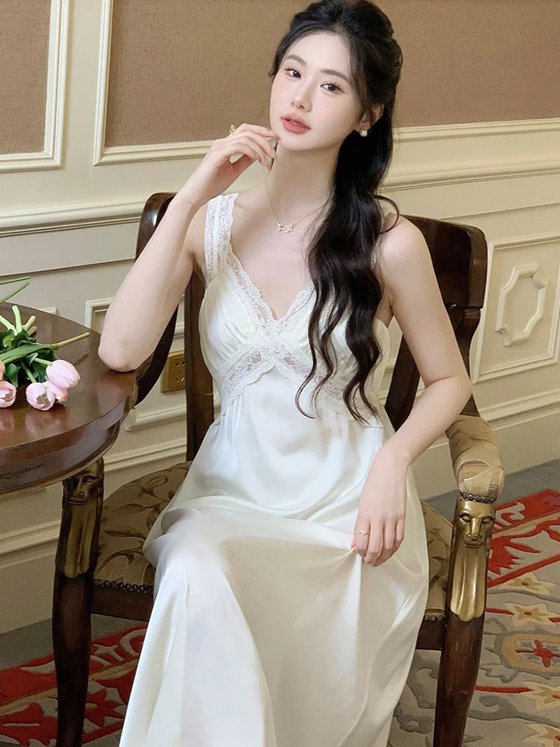 Female Summer Victorian Nightgowns Ruffles Slik Lace Hollow Out Nightdress Women Sweet Vintage Princess Sexy Loose Sleepwear