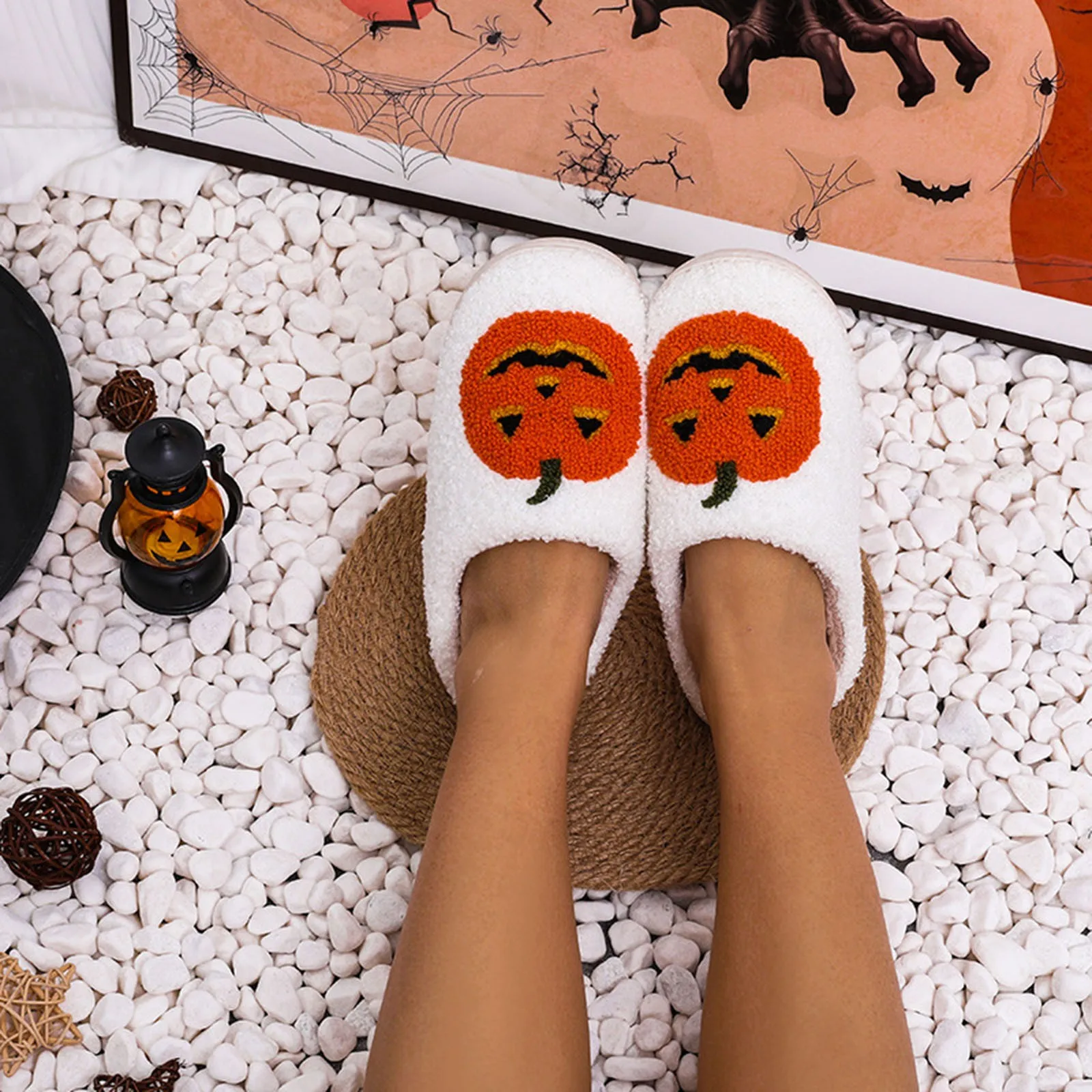 

Halloween Pumpkin Slipper Ghost Funny Face Flat Indoor House Shoes Soft Plush Cozy for Women Men Couple Casual Halloween Gifts