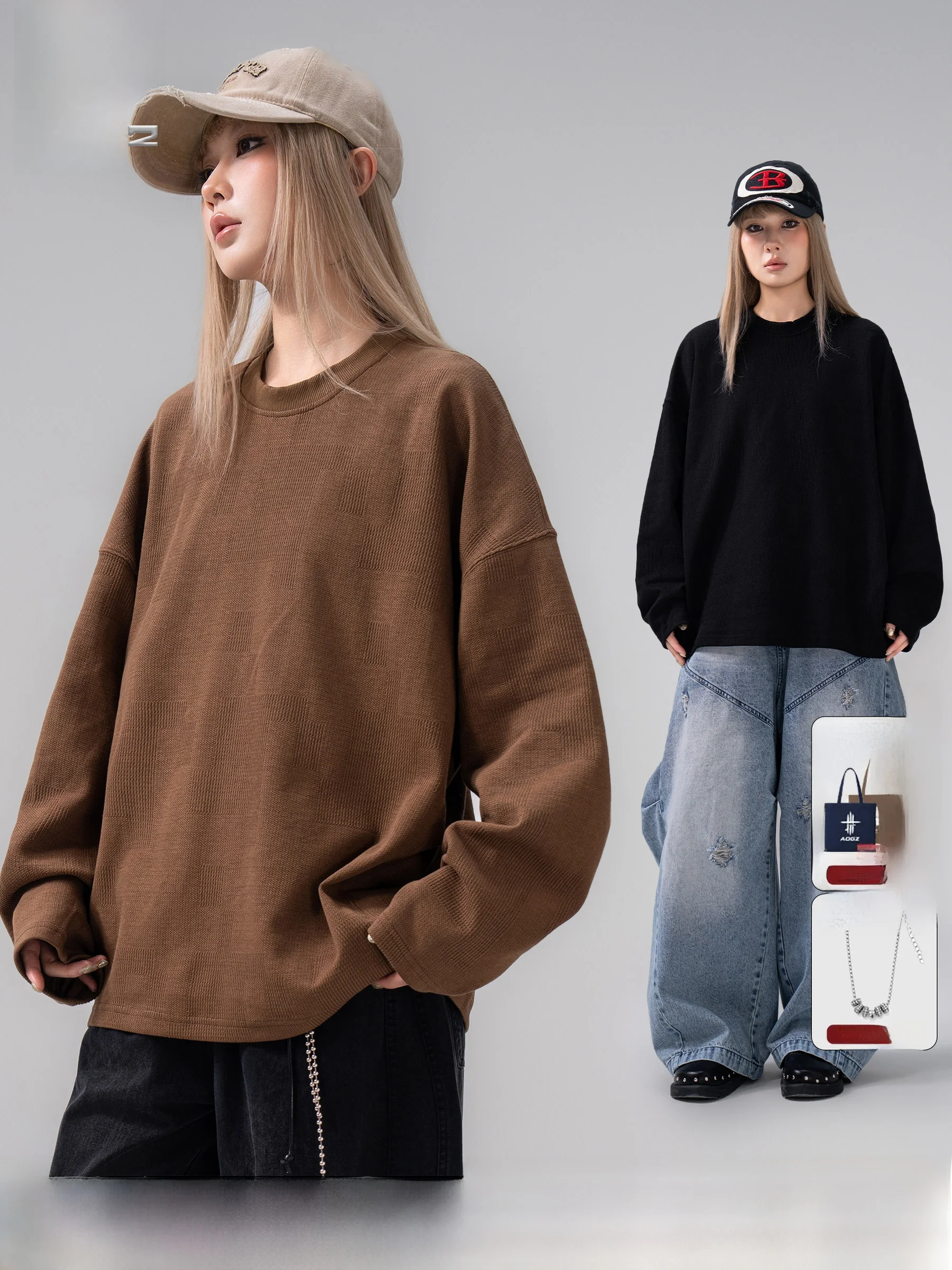 AOGZ American Minimalist  Color Texture Sweatshirt Men's New 2026 Spring Thin round Neck Long Sleeve Casual Women's Top