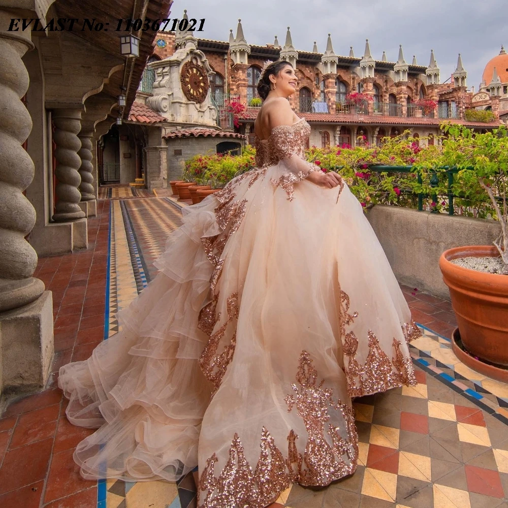 EVLAST personalizado Rosa vestido para quinceañeras vestido De baile Apliques De encaje con cuentas manga desmontable dulce 16 Vestidos De 15 Anos SQ581