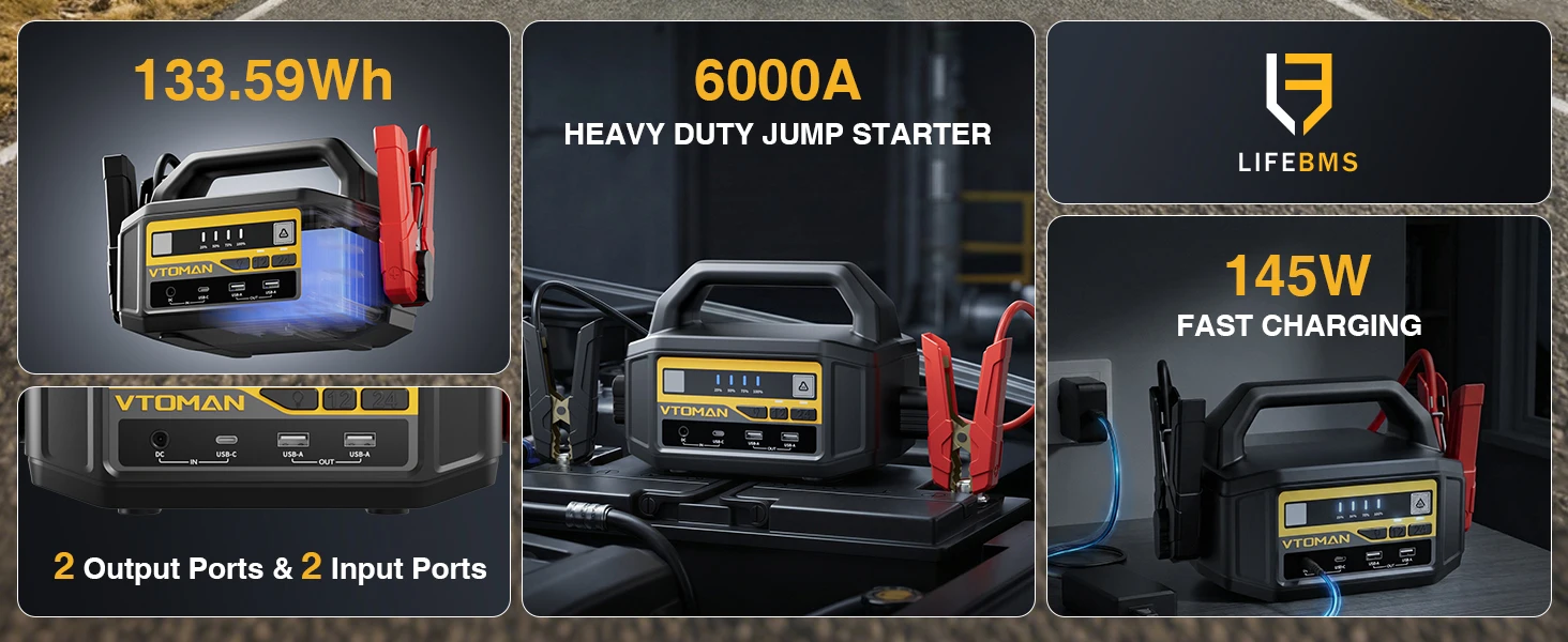 VTOMAN V-Truck 6000A Auto-Starthilfegerät 36400mAh Tragbares Starthilfegerät Power Pack für Alle Benzin- und Diesel-Fahrzeuge, 12V/24V Starthilfegerät – Detail 3