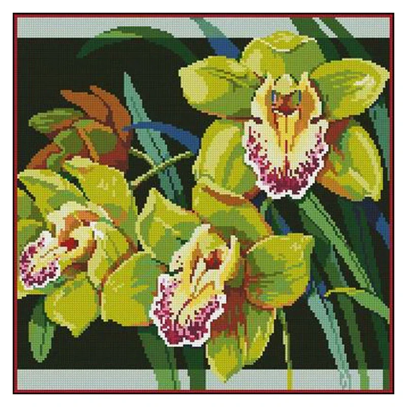 Amishop- Counted Cross Stitch Kit, Lovely Orchid, Black Flower, Flowers, Top Quality, Hl011
