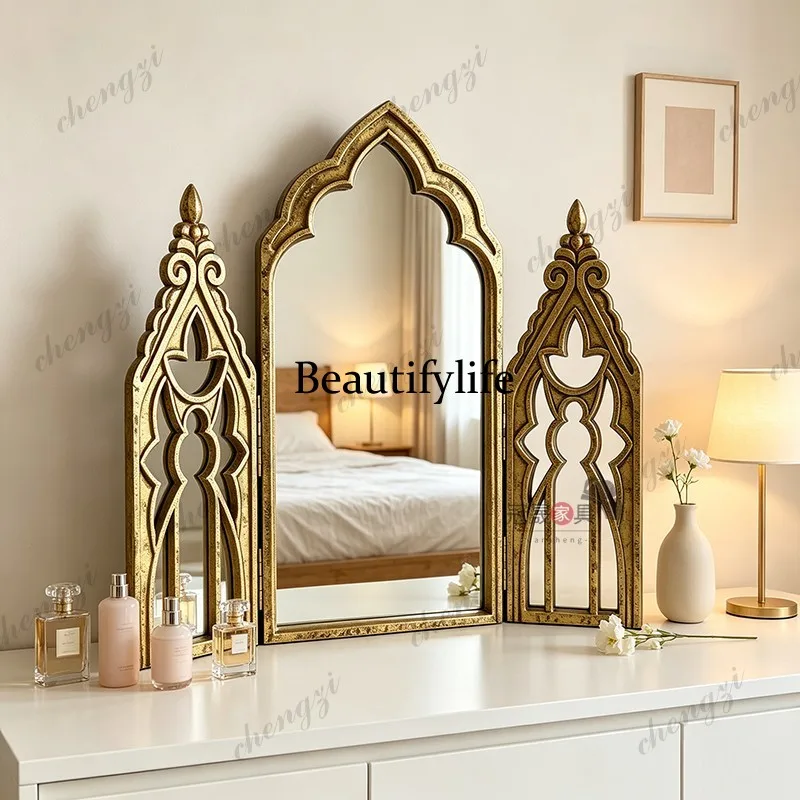 American carved desktop three-sided mirror fireplace three-fold decorative mirror retro old makeup mirror bedroom dresser