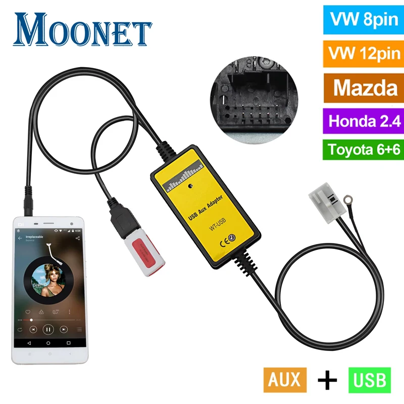 Moonet Car CD Changer USB AUX Input Adapter Digital Mp3 Player for Toyota Honda Volkswagen Audi Mazda 6 8 12 Pin