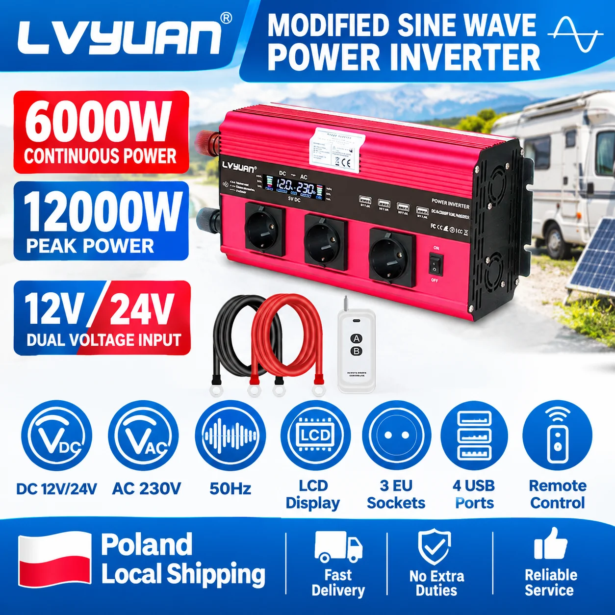 Inverter di potenza da 12000W, 12V e 24V, da corrente continua a 230V AC 50Hz, onda sinusoidale modificata, 6000W continui, 3 prese EU, 4 porte USB, telecomando