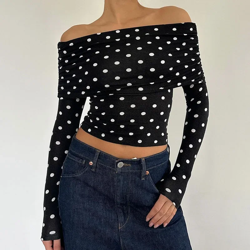 2024 autumn winter retro polka dot print contrasting one shoulder strapless T-shirt new slim fit and slimming base top