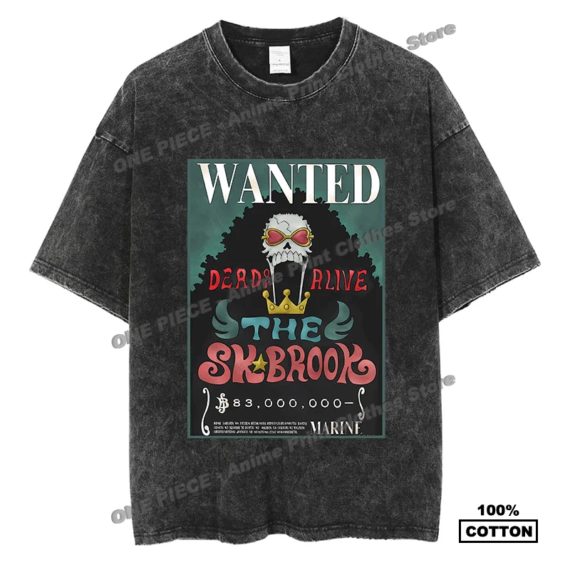 

Anime One Piece - BROOK Wanted Print T Shirt y2k Harajuku Men Women Casual Short Sleeve Cotton Washed Vintage Oversized Tees