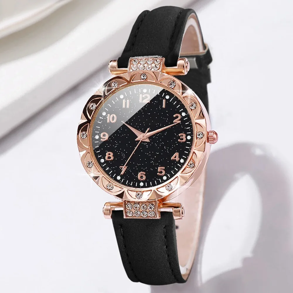 Reloj de cuarzo elegante para mujer y pulsera de corazón, esfera de diamantes de imitación a la moda, correa de cuero Pu, reloj combinado para parejas, reloj para mujer