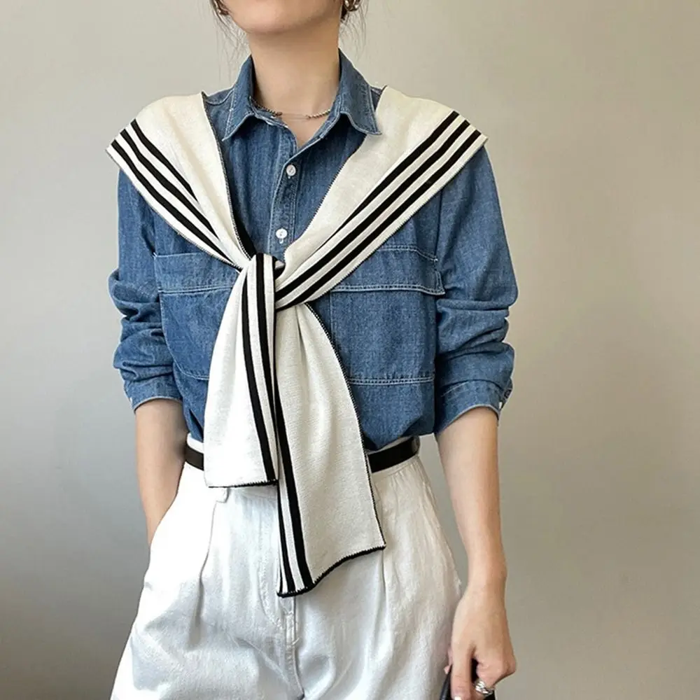 

Blouse Shoulders Fake Collar Knitted Shawl Solid Color Sunscreen Black White Stripe Scarf Scarf Accessories Korean Style