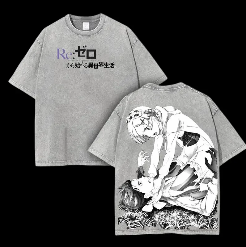 Re ZERO Rem Subaru Retro T Shirt Anime Harajuku Vintage Washed T-shirt Men Women Clothing Oversized 100% Cotton Tees Clothes