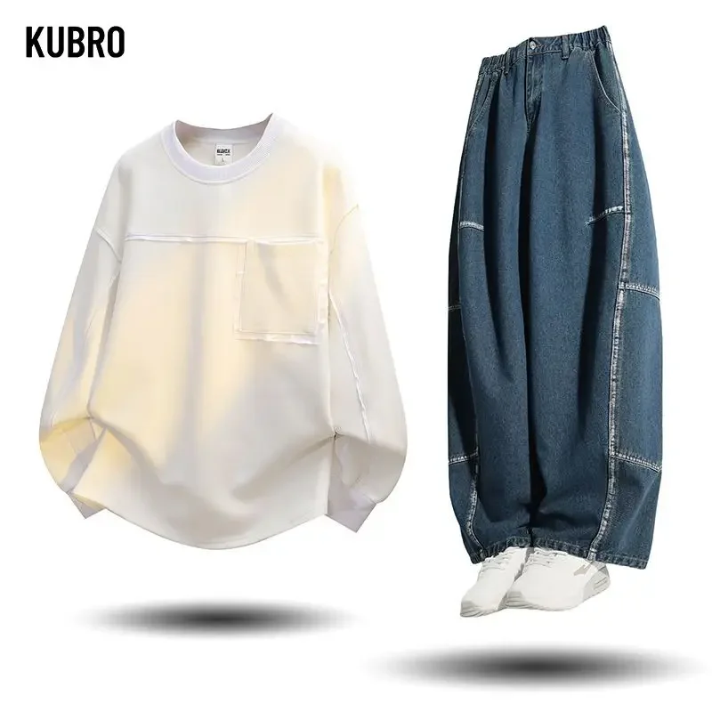 2025年秋冬メンズトラックスーツカジュアルラウンドネックプルオーバースポーツウェアと万能パンツ2ピースセットヒップホップスーツ大きいサイズ