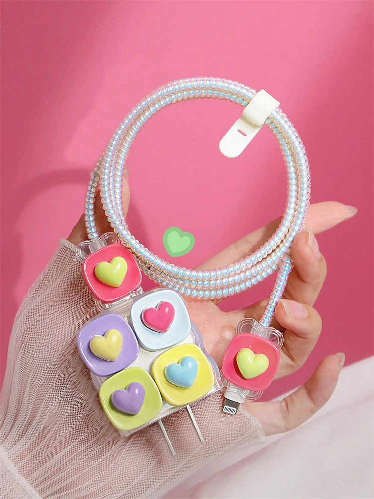 New Cute Candy Color Love Heart Charger Cover For IPhone 11 13 14 15 18W-20W Transparent Charge Protection Cover Charger Sleeve