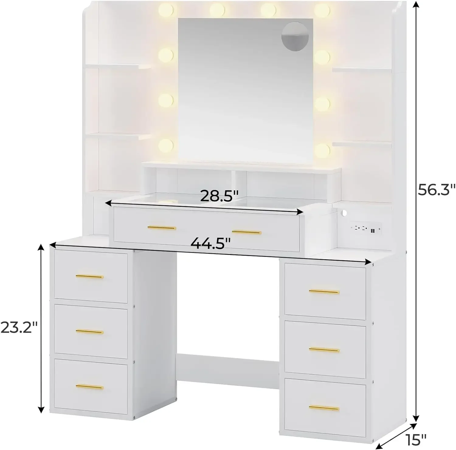 Vanity Desk with Mirror and Lights, Charging Station, Large Vanity Table with 8 Drawers, Acrylic Dividers and Shelves