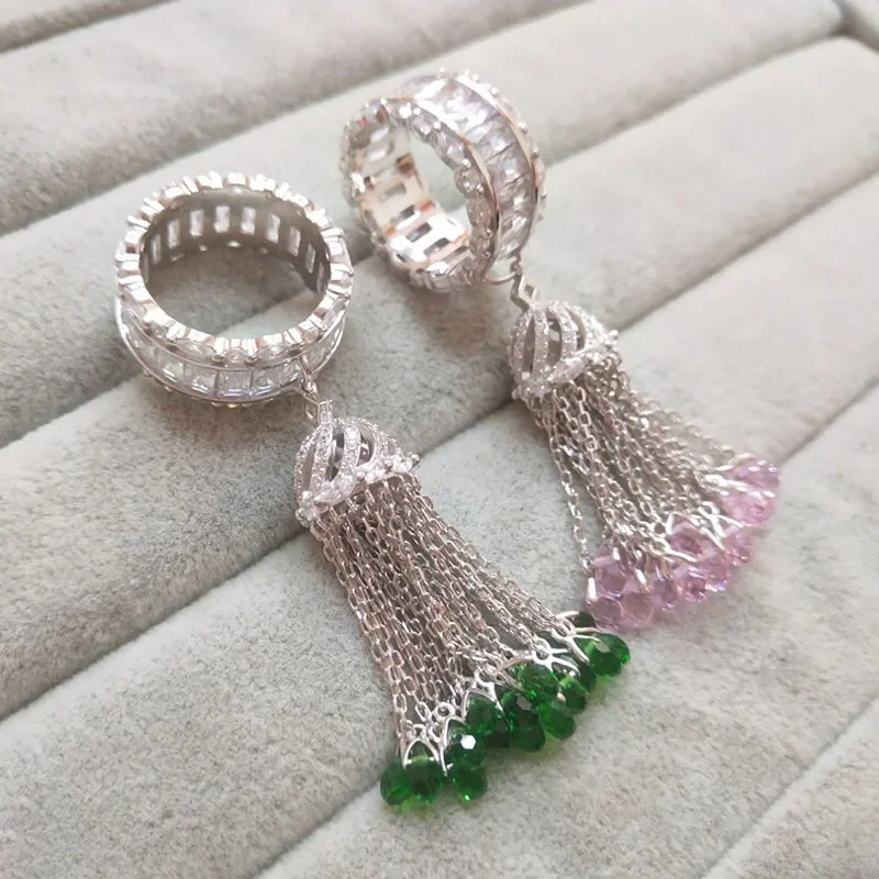 Luxury Brand Pure 925 Sterling Silver White Pink Yellow Green Tassel Crystal Stones Finger Ring Women Girl Fine Jewelry