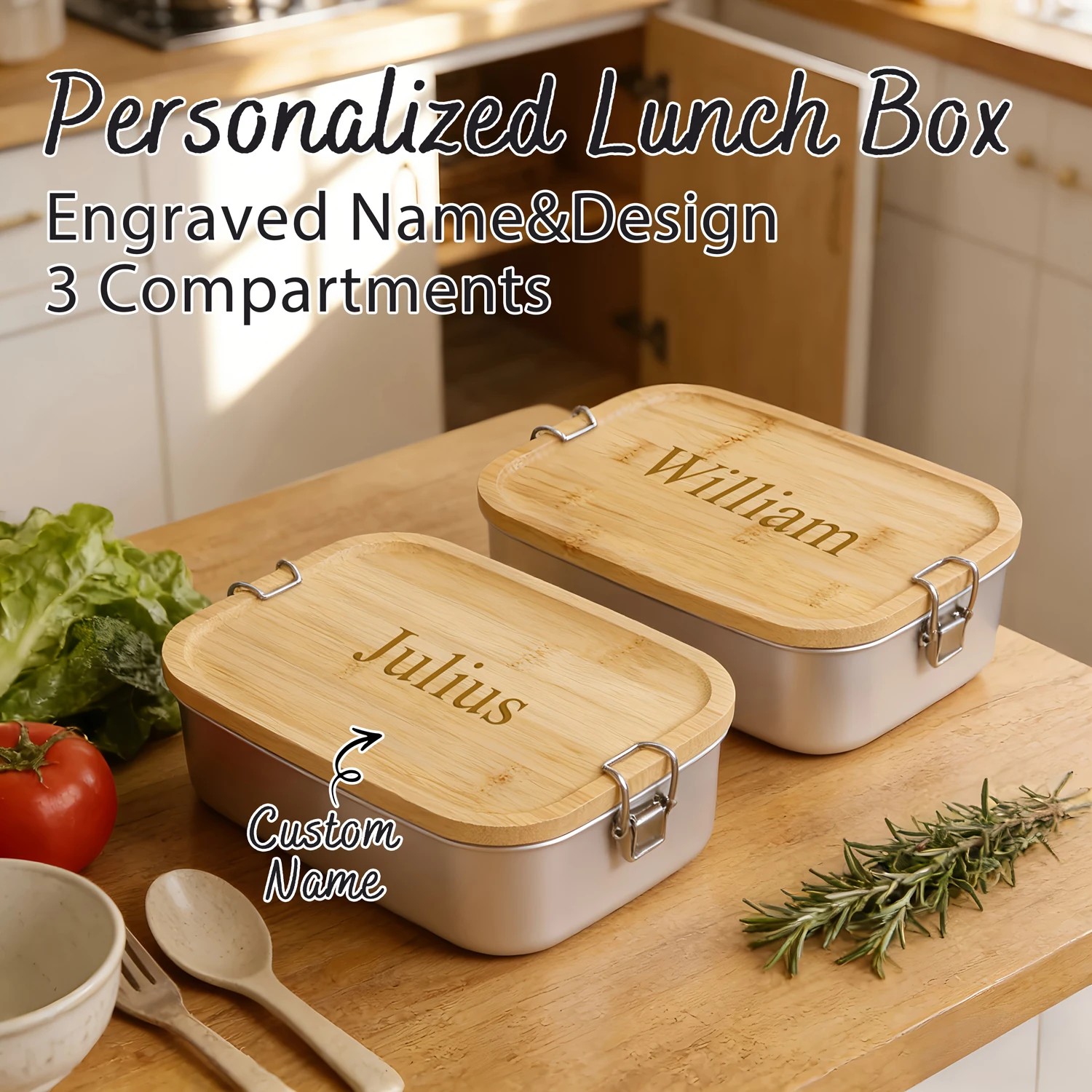 1pc Personalized Engraved Name 3 Compartments Stainless Steel Lunch Box Natural Bamboo Food Storage Container Back To Schoo