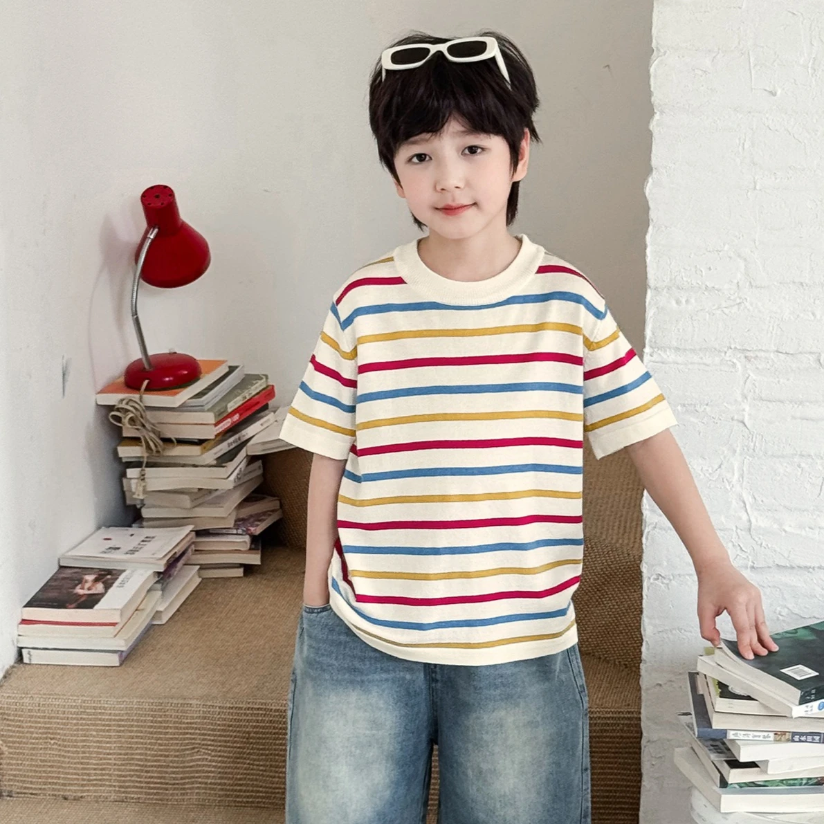 

Boys T-shirt 2026 Spring and Summer New Childrens Clothing Korean Style Boys and Girls Color Strip Short-sleeved Knitted T Shirt