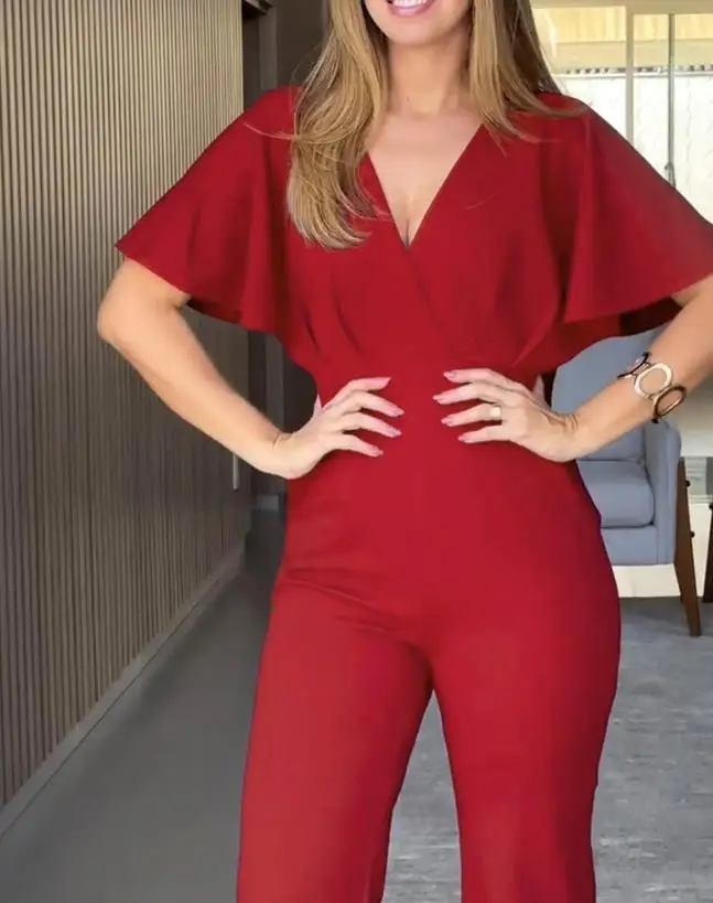 

Summer One Piece Pants Temperament Women's Flutter Sleeve V Neck Waist Flared Jumpsuit Female Casual Pocket Design Ruched Romper