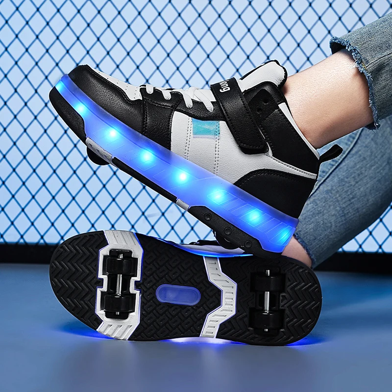 Quality Children Detachable Four-Wheeled Cool LED Light Roller Skates Shoes Boys Girls Gifts Luminous Glowing Leather Sneakers