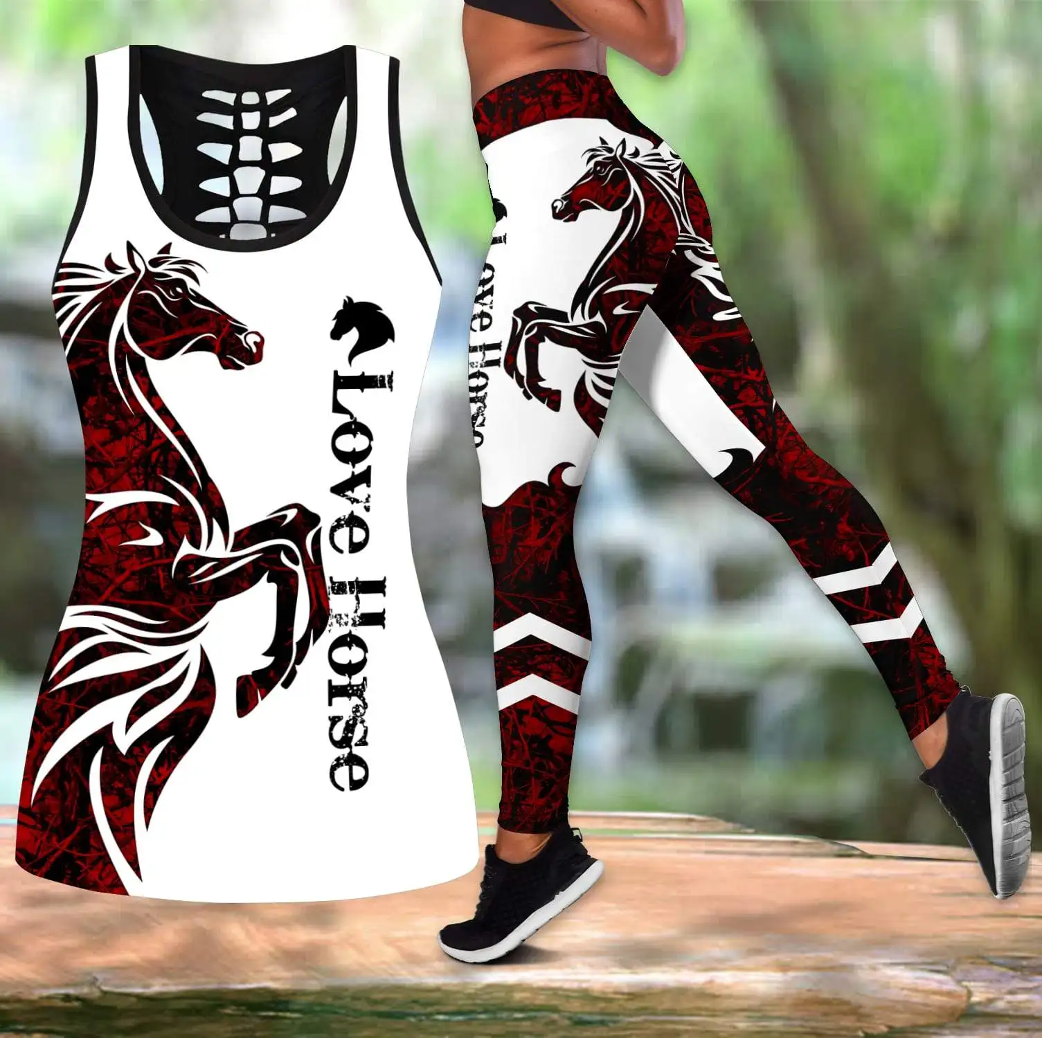 Love Horse Tatoo 3D All Over Printed Hollow Tank Top & Leggings Set Fitness Female Full Length Leggings Running Pants DDK89