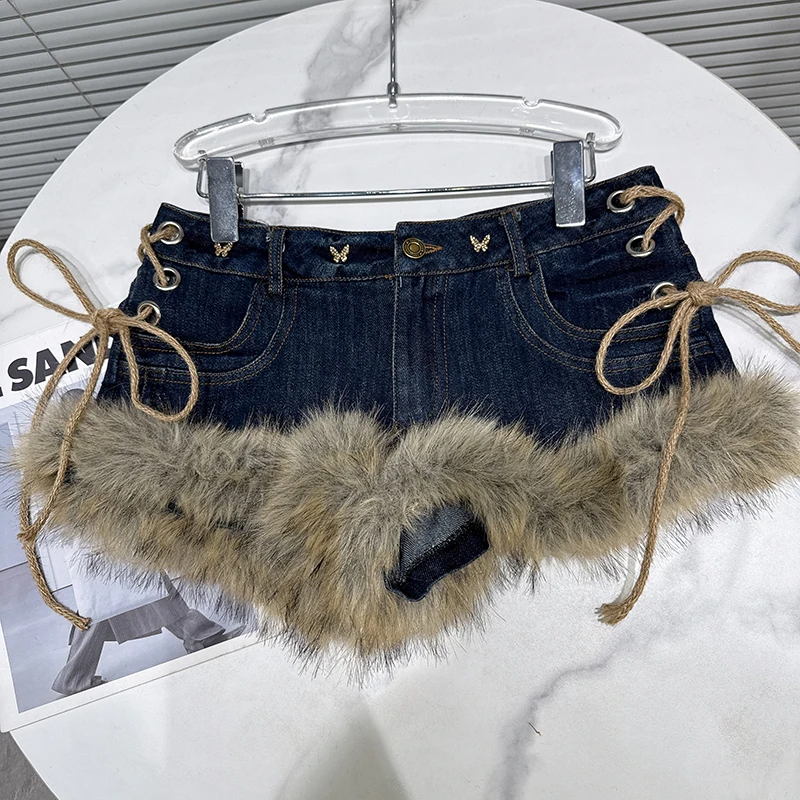 2025 Winter New Street Spicy Girl Hairy Edge Lace-up Skinny and Sexy Personality Trendy Cowboy Ultra Short Shorts