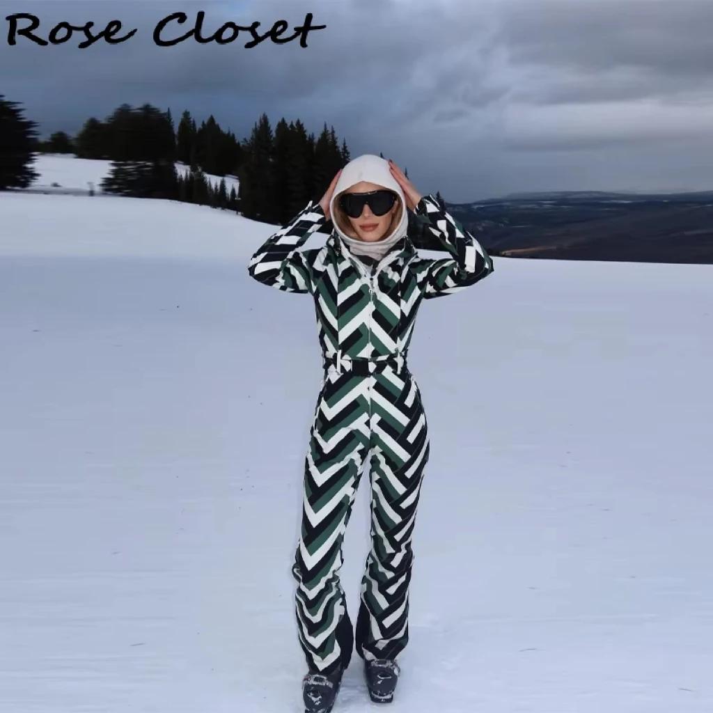 Striped Ski Suit Women Waterproof Stand Collar Hooded Snow Down Coat Sport Parkas Zipper Jumpsuit 2026 NEW Thicken Lady Skiwears