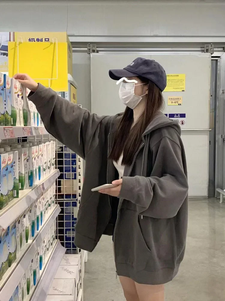 Sweat-shirt surdimensionné pour femmes, décontracté, coréen, manches longues, capuche, fermeture éclair, Y2k, Streetwear, Harajuku, vêtements féminins, noir, automne