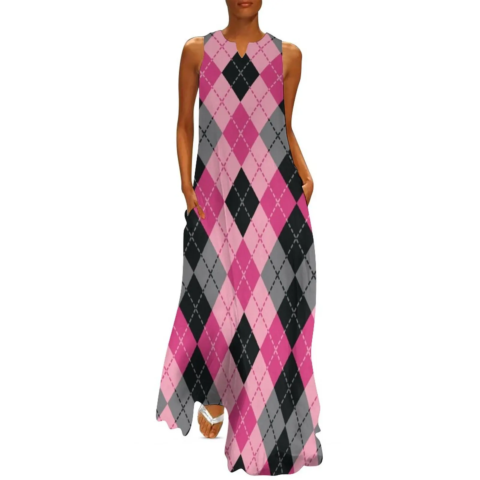 Pink and Black Dashed Argyle Long Dress Woman clothing elegant dresses for women Dress