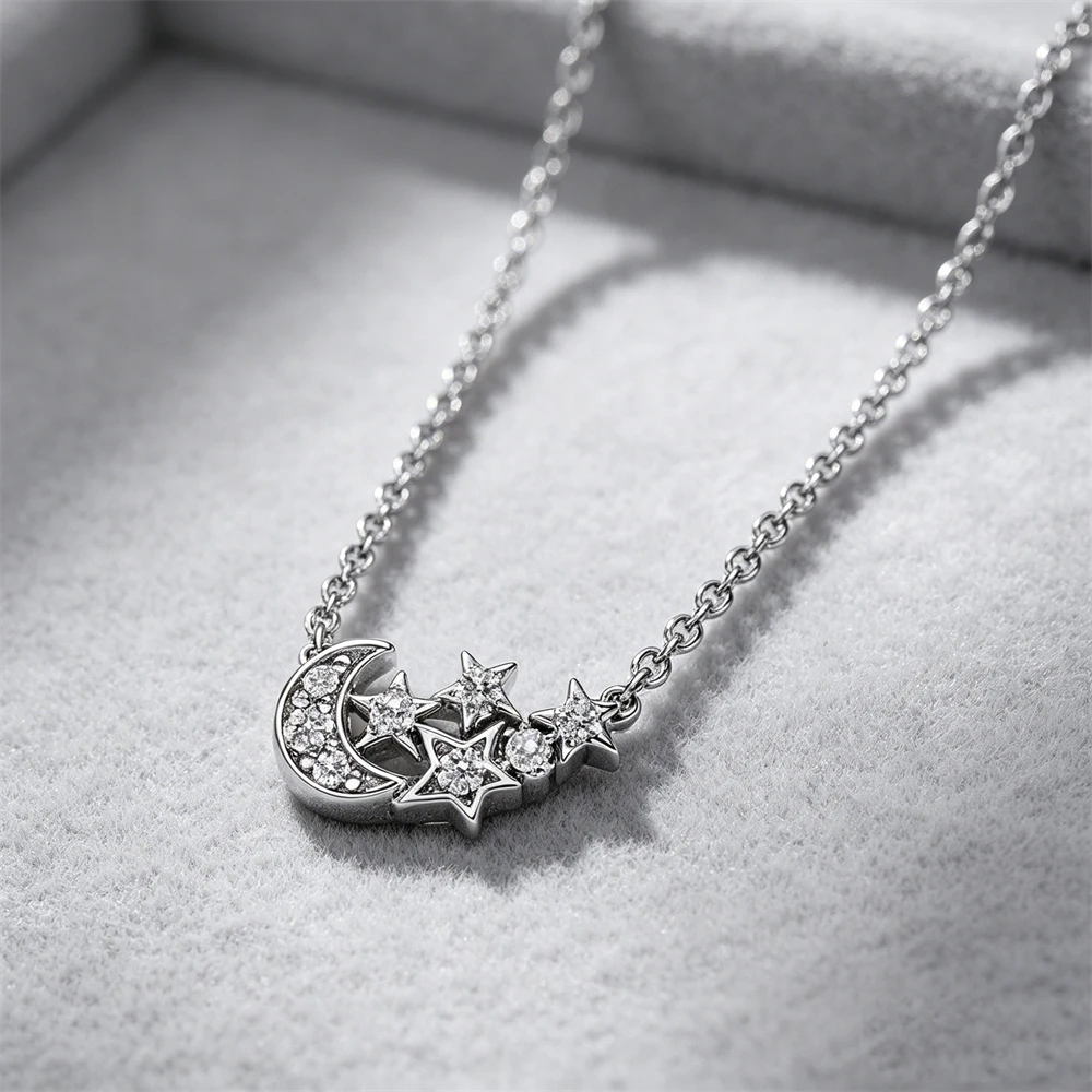 S925 Silver Star Moon, Snowflake, Bow Design Zircon Inlaid Necklace, Exquisite Women's Fashion Jewelry Valentine's Day Gift