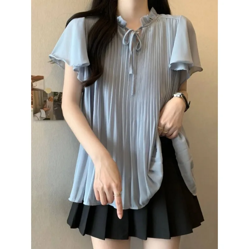 

Trendy Chiffon Pleated Shirts for Women Big Size Age-reducing Base Shirt Slimming Design Ruffles Small Flying Sleeve Top Blouse