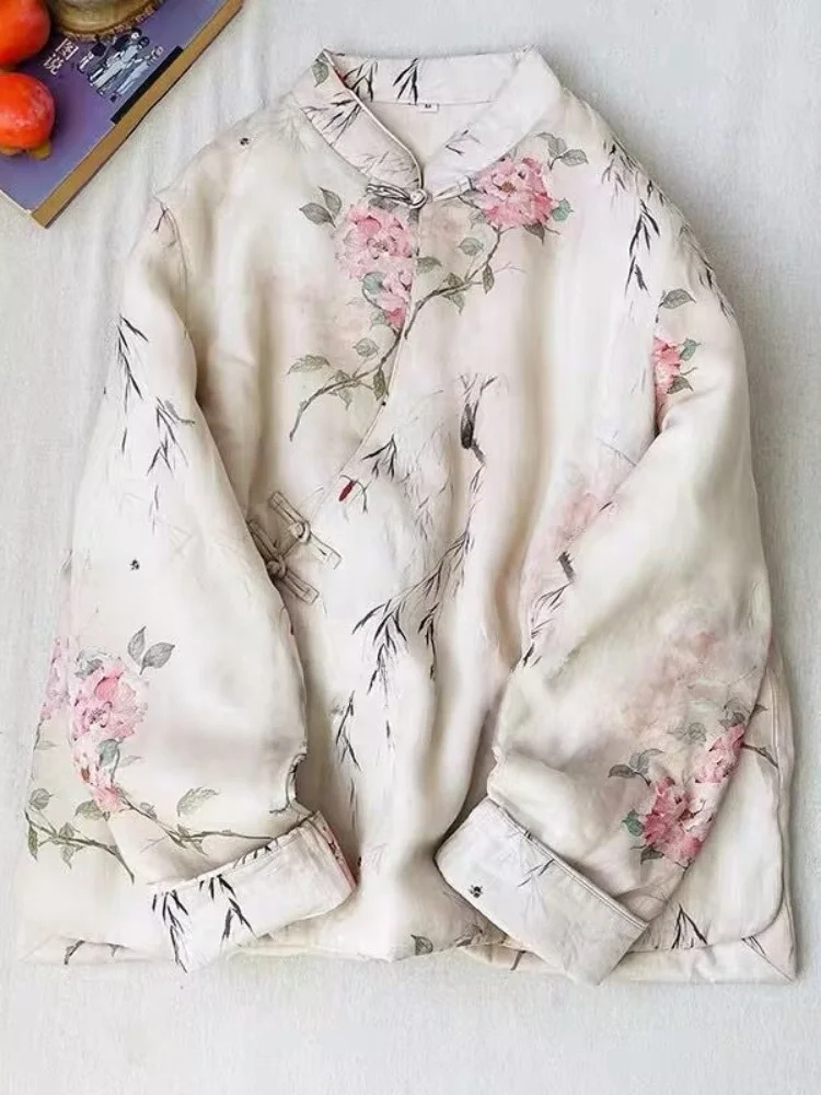 

Women's Cotton Jaet ort Collar Buttoned Svel Printed Cotton Coat Winter Thiened Liner Fem Outerwear Coat