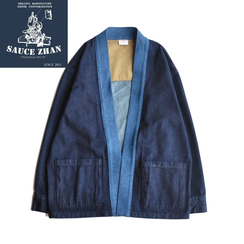 SauceZhan Noragi Jacket Robe Priest Frock Selvedge Denim Jacket Jean Jacket Men Vintage Fall Men\'s Jackets Soft Washing Denim