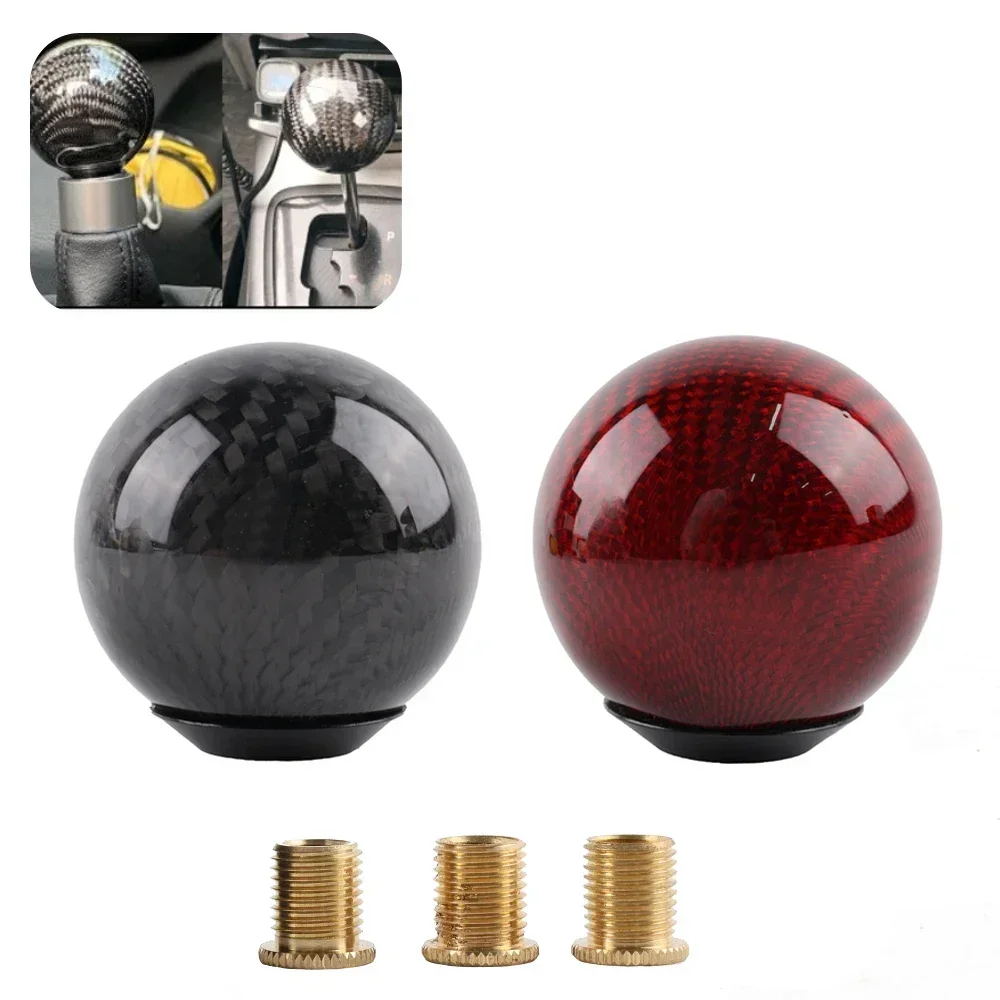 Red & Black Carbon Fiber Ball Gear Shift Knob for Cars, Racing Style, Comes with 3 Adapters