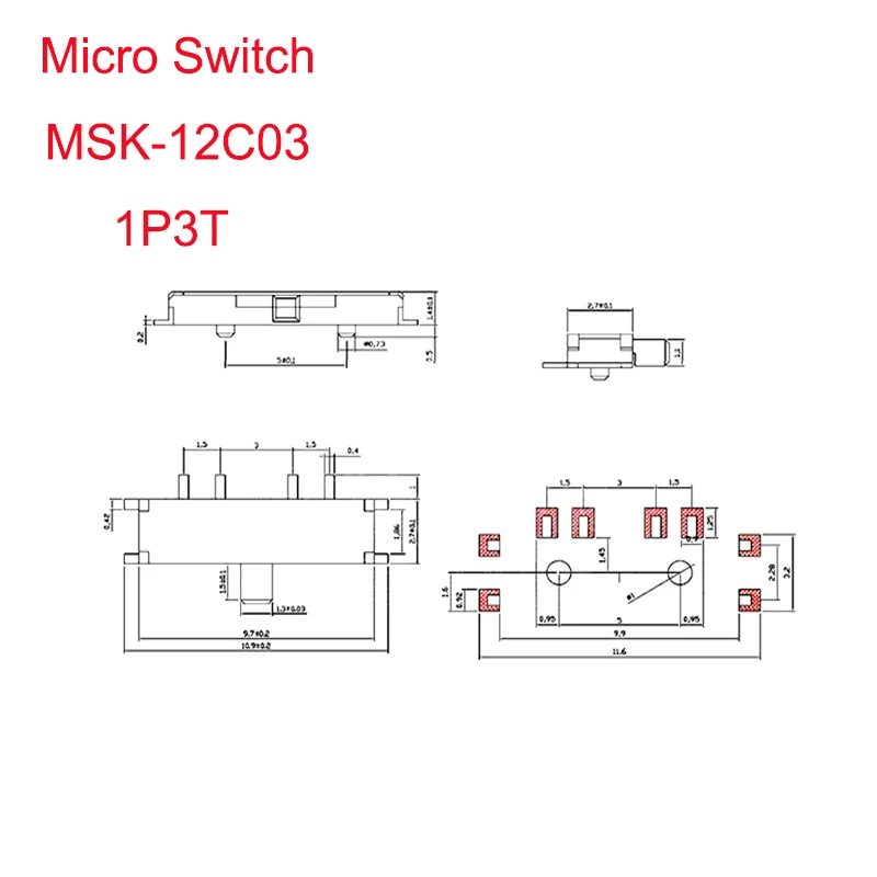 10PCS MSK-12C03 Micro Switch  1P3T 8P 8 Foot 3 Gear Side Pull Patch Toggle Switch MSK-12C03